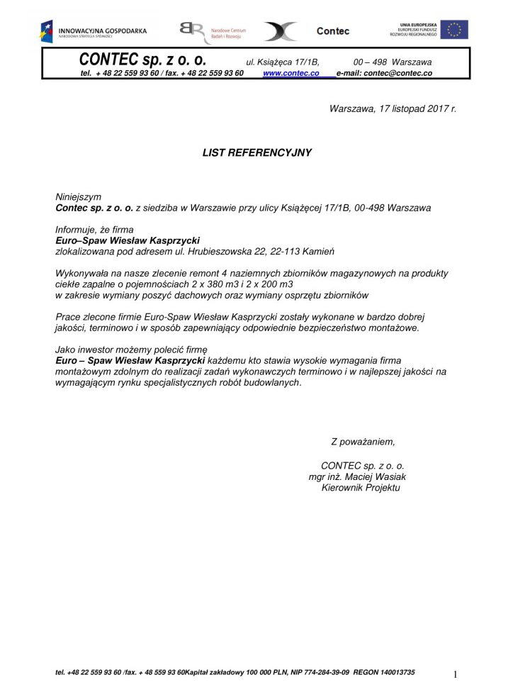 Dokument poświadczający referencje firmy Contect